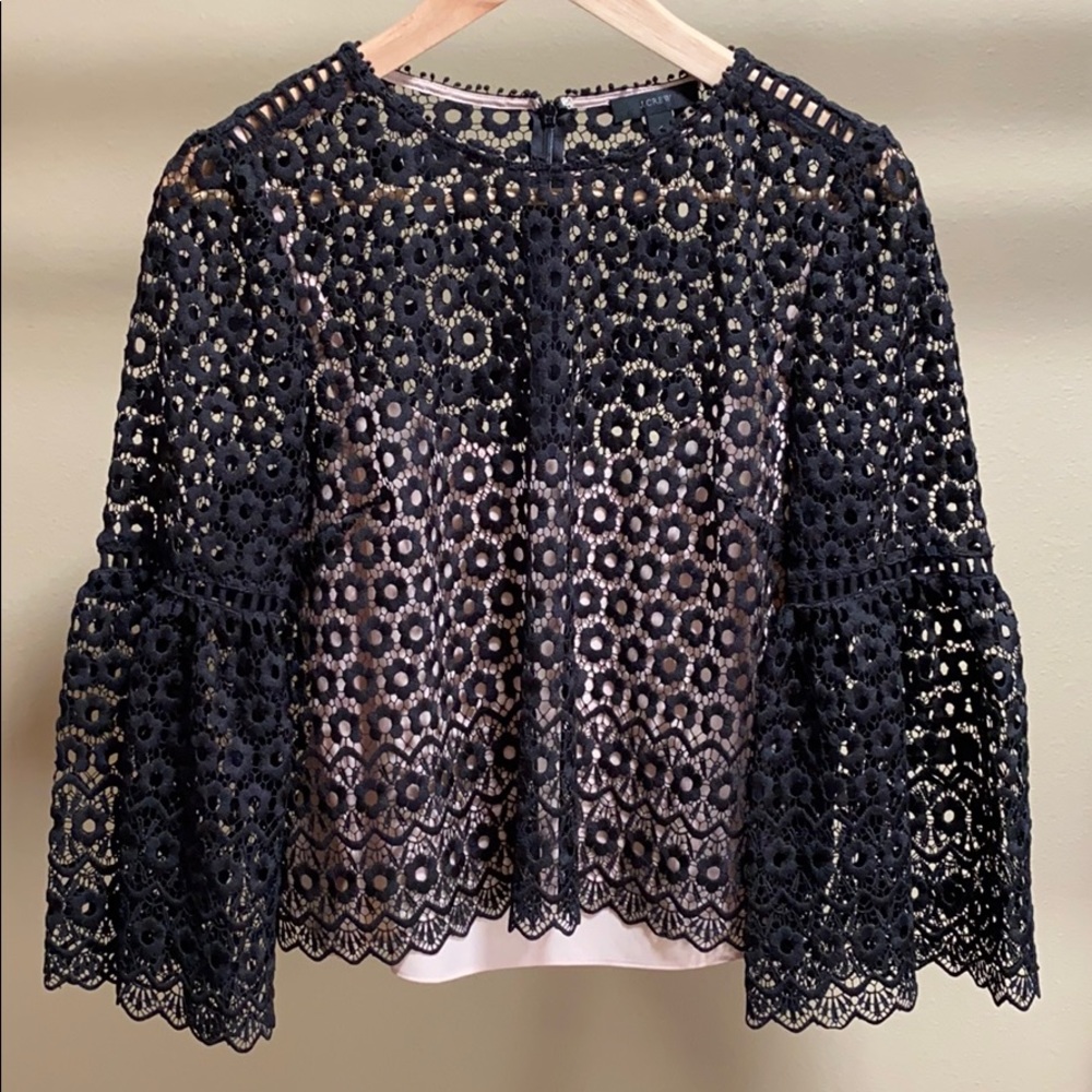 JCrew Black Floral Bell Sleeved Blouse, Size 4